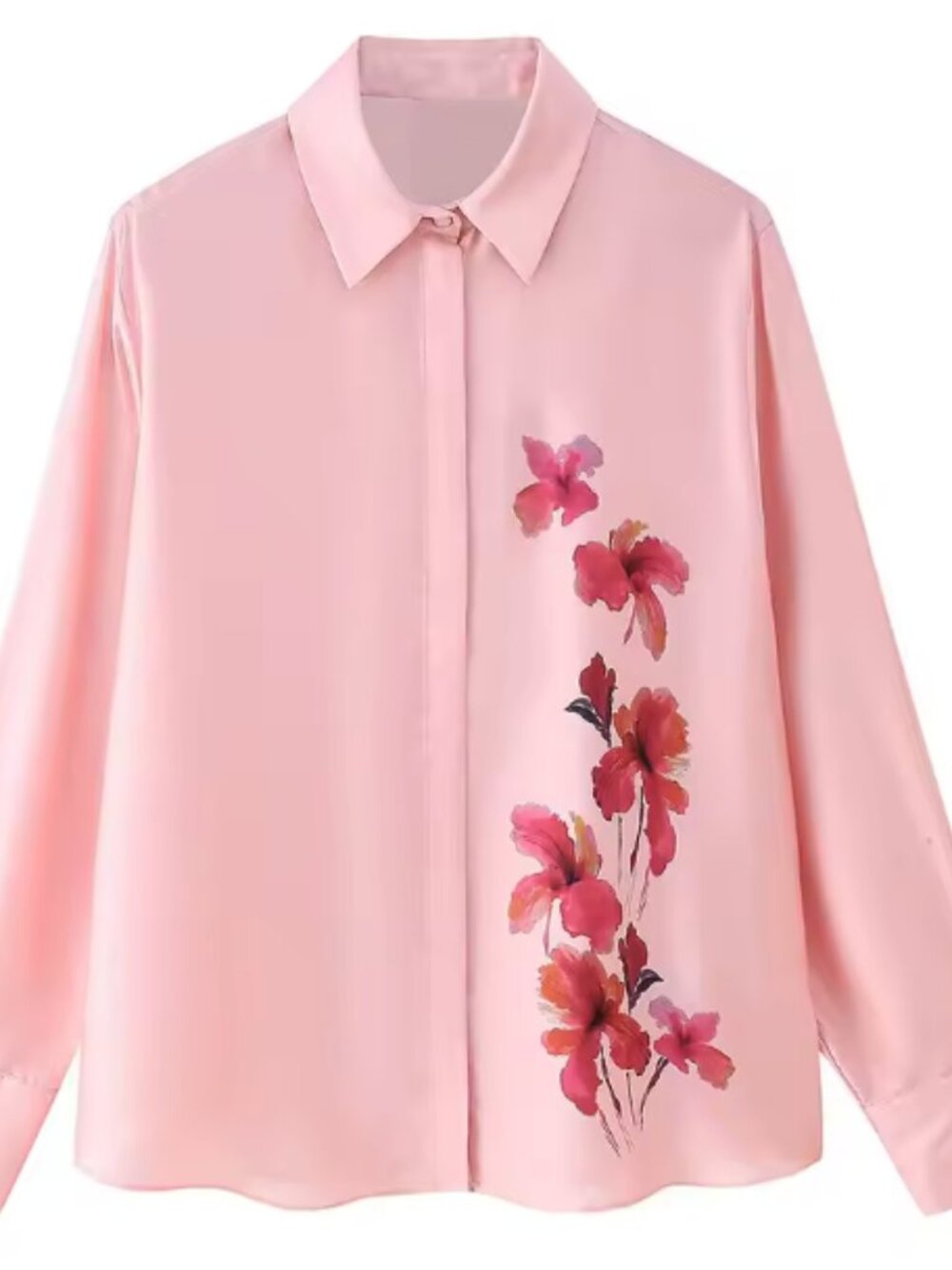 Pink Satin Floral Button-Up Blouse